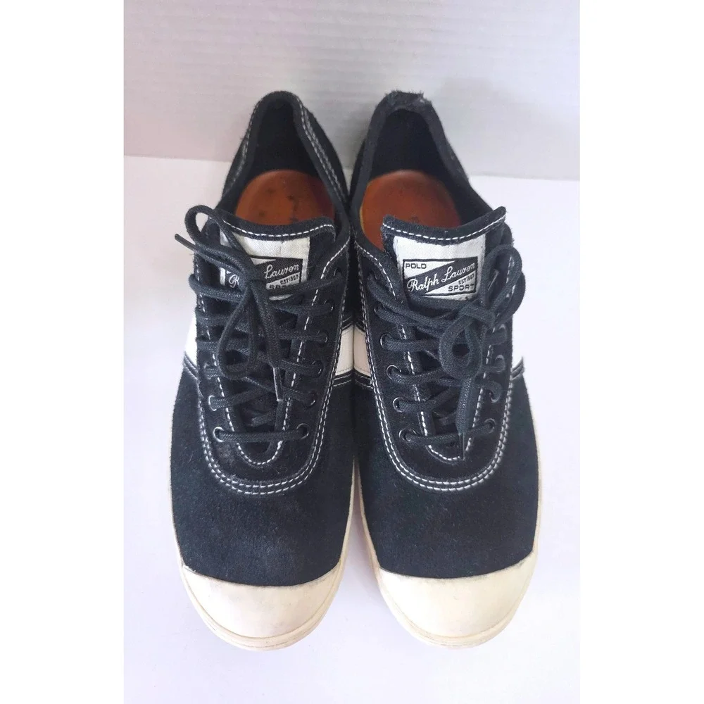 Polo‎ Sport Ralph Lauren Black Suede Low Top Sneakers White Stripe 8B Retro 90s